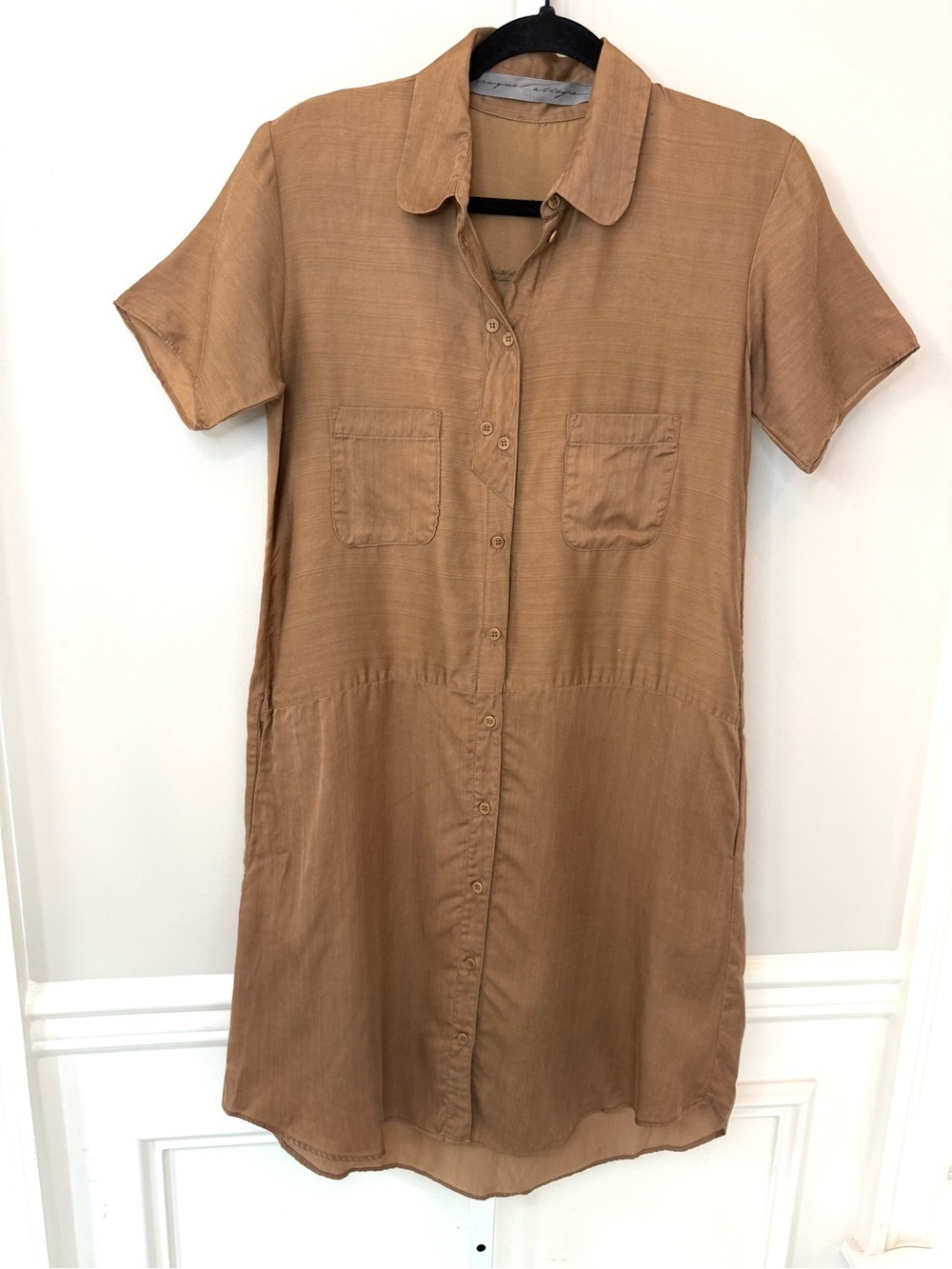 Raquel Allegra Tan Shirt Dress Button Front Pocket Mini Dress Size S